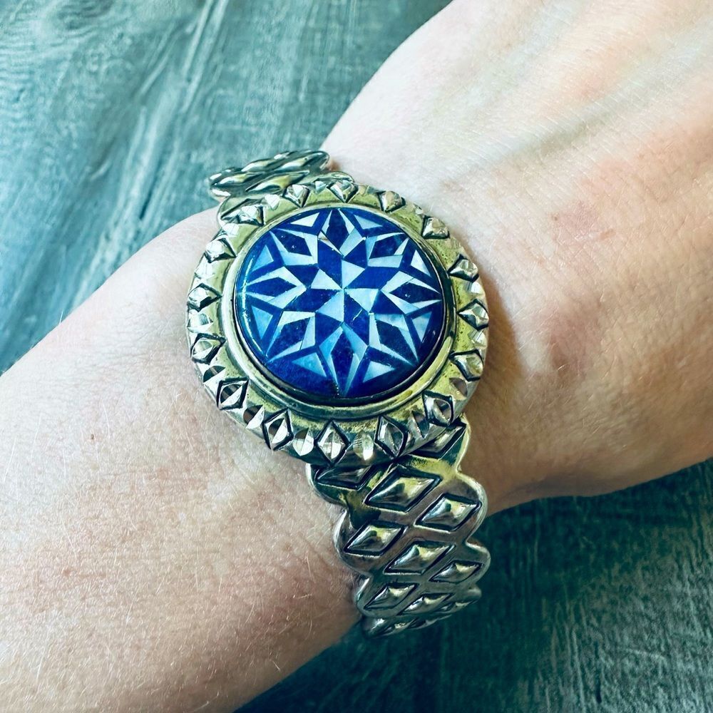Vintage Sterling Silver Blue Star Medallion Cuff Bracelet